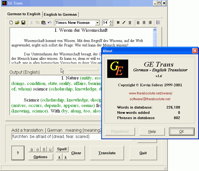 Screenshot of GETrans - German to English Translator